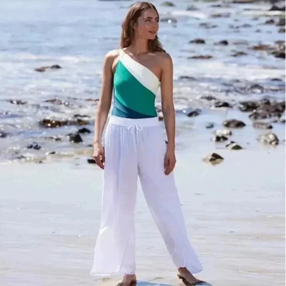 Summersalt Palazzo Pants Wide Leg Elastic Stretch Waist Pant Purple White Medium